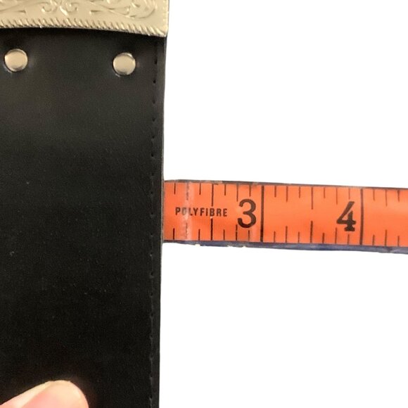 Vtg Black Western Style Belt Ornate Silver Buckle 25-29” Waist 2" Wide - Picture 6 of 6